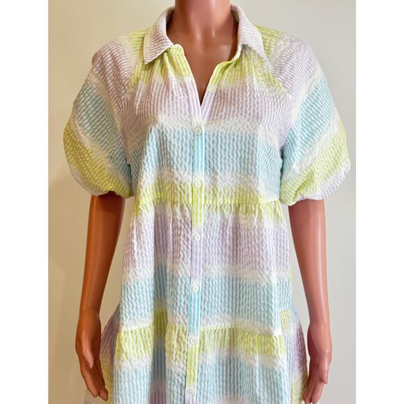 Saylor Tressie Mini Shirt Dress Womens M Seersucker Puff Sleeve Pastel Stripe - Picture 3 of 13